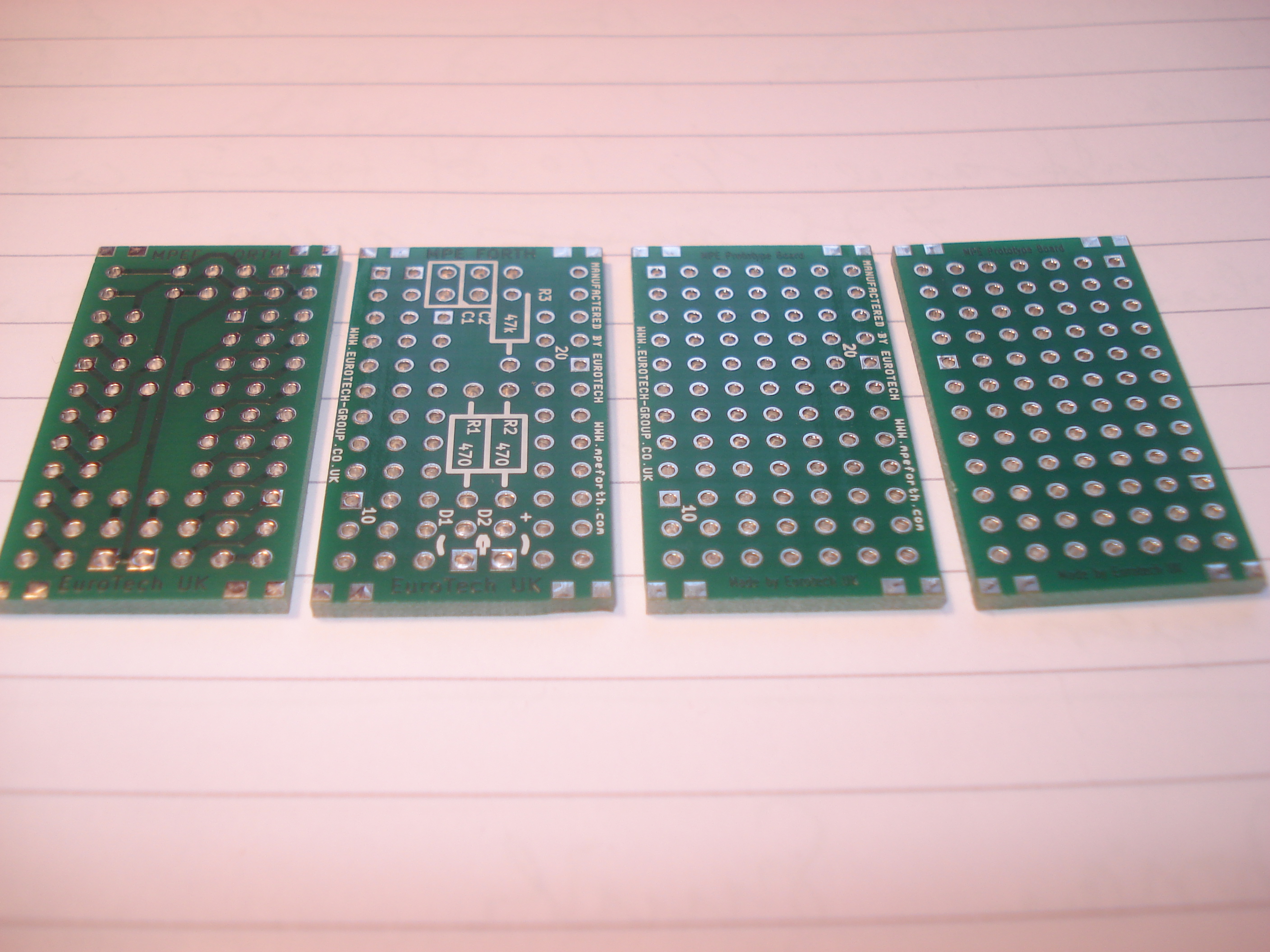 Left half: MiniPCBs – top and bottom side. Right half: The complementary experimental PCB to add additional parts.